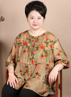 母亲节礼物胖妈妈短袖夏装T恤中老年女装加肥大码200斤宽松衬衫棉
