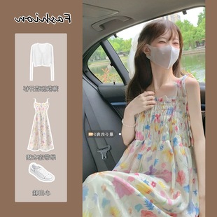 甜美复古温柔碎花吊带连衣裙夏季 美式 气质收腰可爱少女海边度假小
