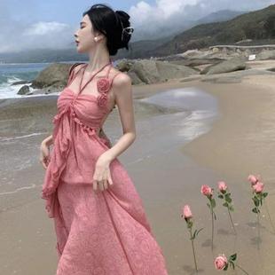 辣妹仙女款 美式 海邊度假掛脖吊帶連衣裙女夏季 新款 長裙子 溫柔法式