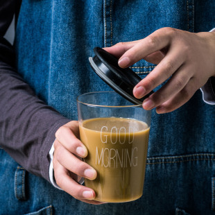 ins玻璃杯带盖子水杯茶杯goodmorning家用随手杯早餐杯果汁杯 日式