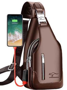 男士斜挎包高档帅气单肩多功能防水包出差软皮包大容量胸包