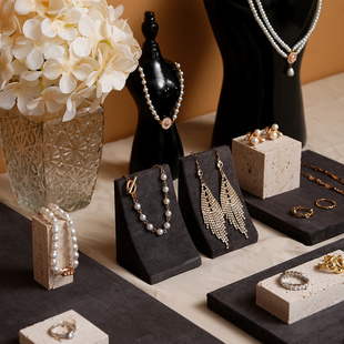 首饰展示架黄洞石项链板绒布饰品托盘戒指托耳环珠宝陈列拍摄道具