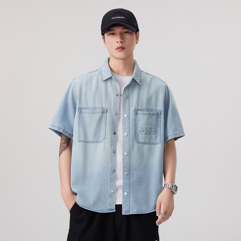 高端潮牌莱赛尔牛仔短袖衬衫男夏季薄款宽松百搭休闲衬衣外套潮流