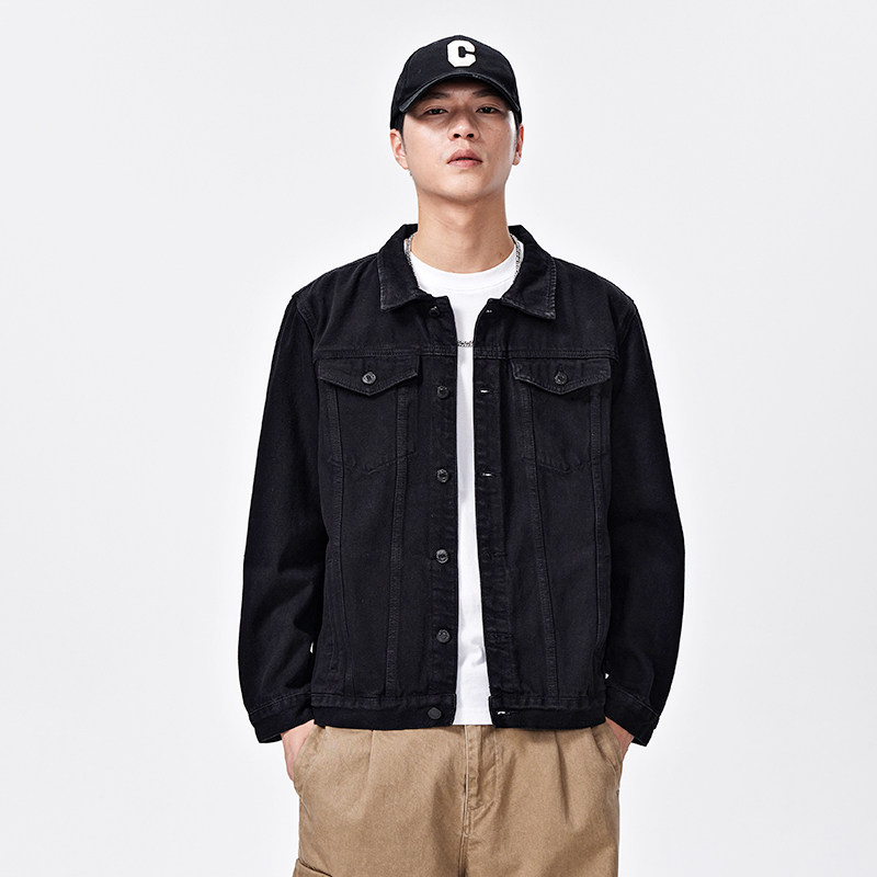 高端黑色工装牛仔外套男款春秋季潮牌修身显瘦休闲夹克上衣褂男装