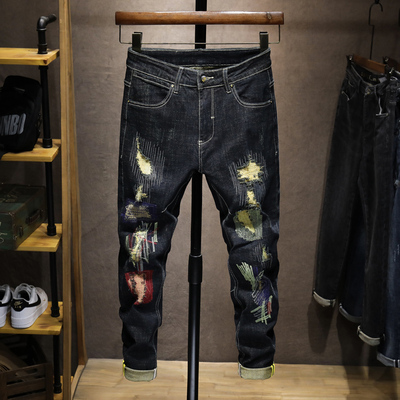 秋冬季拉链长裤刺绣牛仔男士