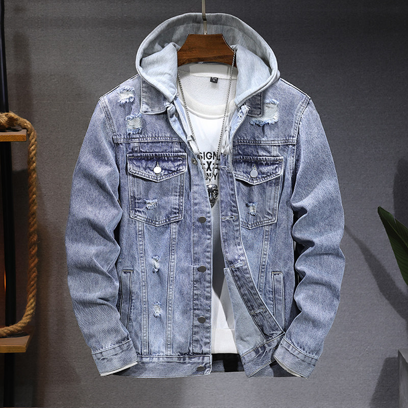 高端复古连帽破洞牛仔外套男2025春秋季潮牌宽松百搭休闲夹克上衣