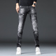 欧美街头潮牌破洞补丁牛仔裤 子 小脚弹力复古泼墨休闲长裤 男士 修身