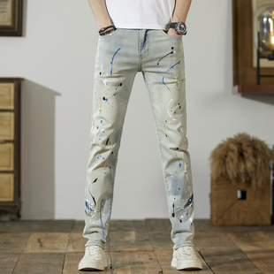 春夏季男士泼墨复古破洞牛仔裤男时尚潮流修身韩版小脚休闲长裤子