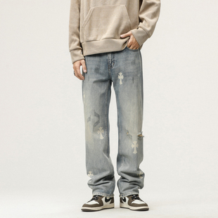 十字印花破洞牛仔裤男士春秋季美式高街黄泥色宽松直筒休闲长裤子