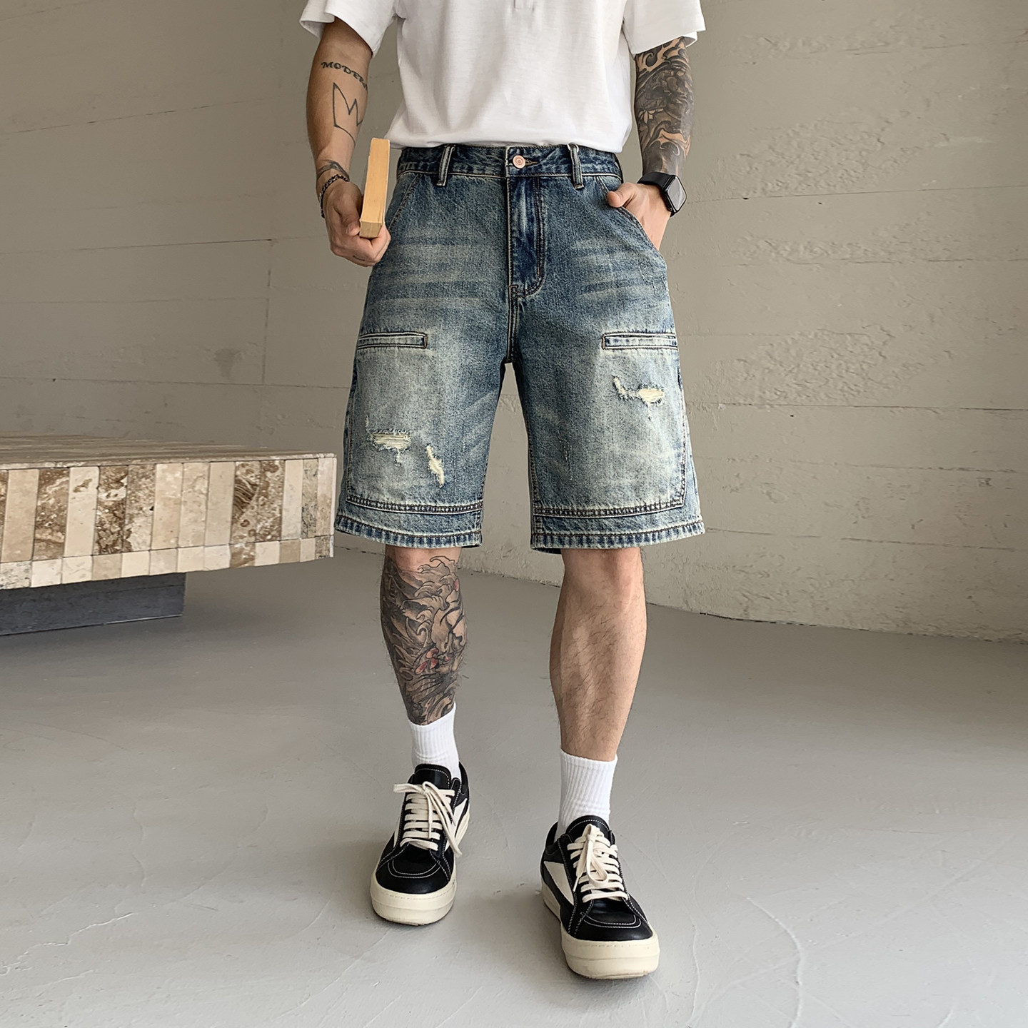 夏季薄款破洞宽松牛仔五分裤男