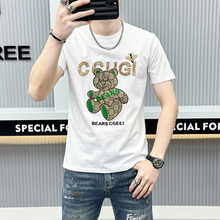 半袖 潮 T恤男潮流烫钻老虎头印花男士 欧洲站高端刺绣小熊冰丝短袖