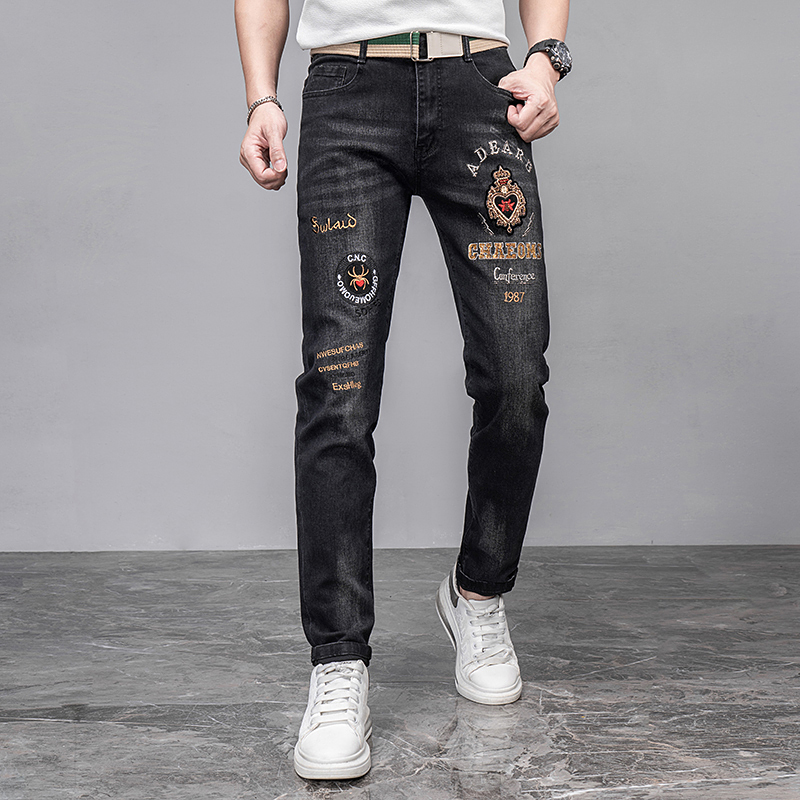 春秋季拉链刺绣牛仔长裤流行