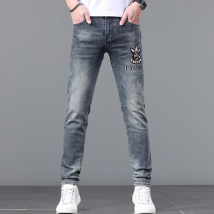 高端刺绣复古牛仔裤男款潮牌痞帅炸街男生百搭修身小脚休闲长裤子