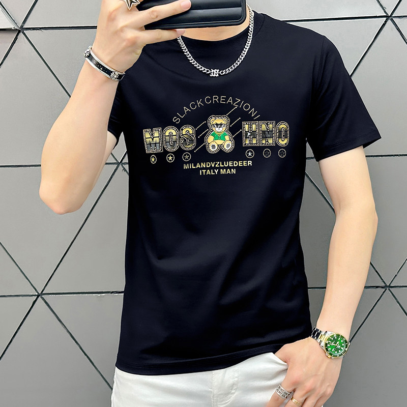 高端烫钻小熊短袖T恤男夏季新款修身圆领印花打底衫休闲上衣潮流