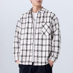 高级感雪尼尔方格衬衫男春秋季宽松大码青少年大学生长袖衬衣外套