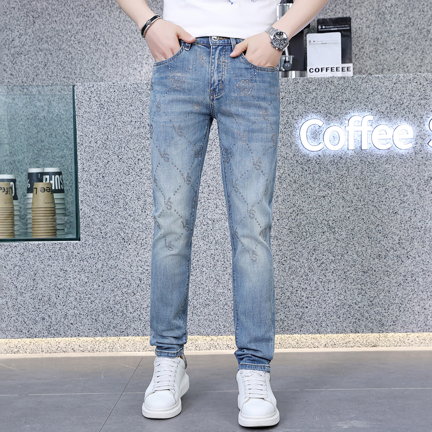 欧洲站重工艺烫钻牛仔裤男款潮牌弹力修身小脚休闲长裤子韩版潮流