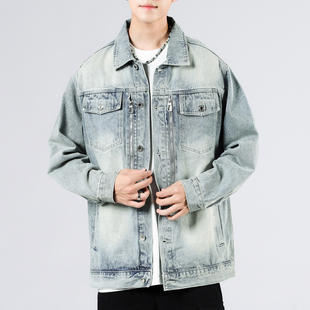 浅蓝色牛仔外套男款潮牌美式宽松春秋季拉链装饰潮流百搭夹克男生