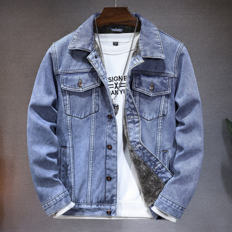 加绒加厚牛仔外套男潮牌复古蓝色痞帅保暖夹克宽松大码棉衣服秋冬