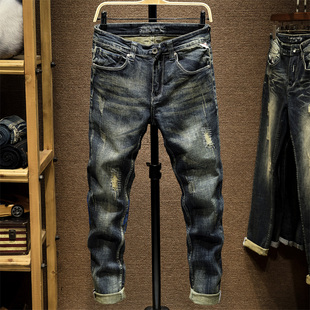 韩版 高端牛仔裤 直筒长裤 弹力百搭休闲男士 潮流复古破洞印花 男修身