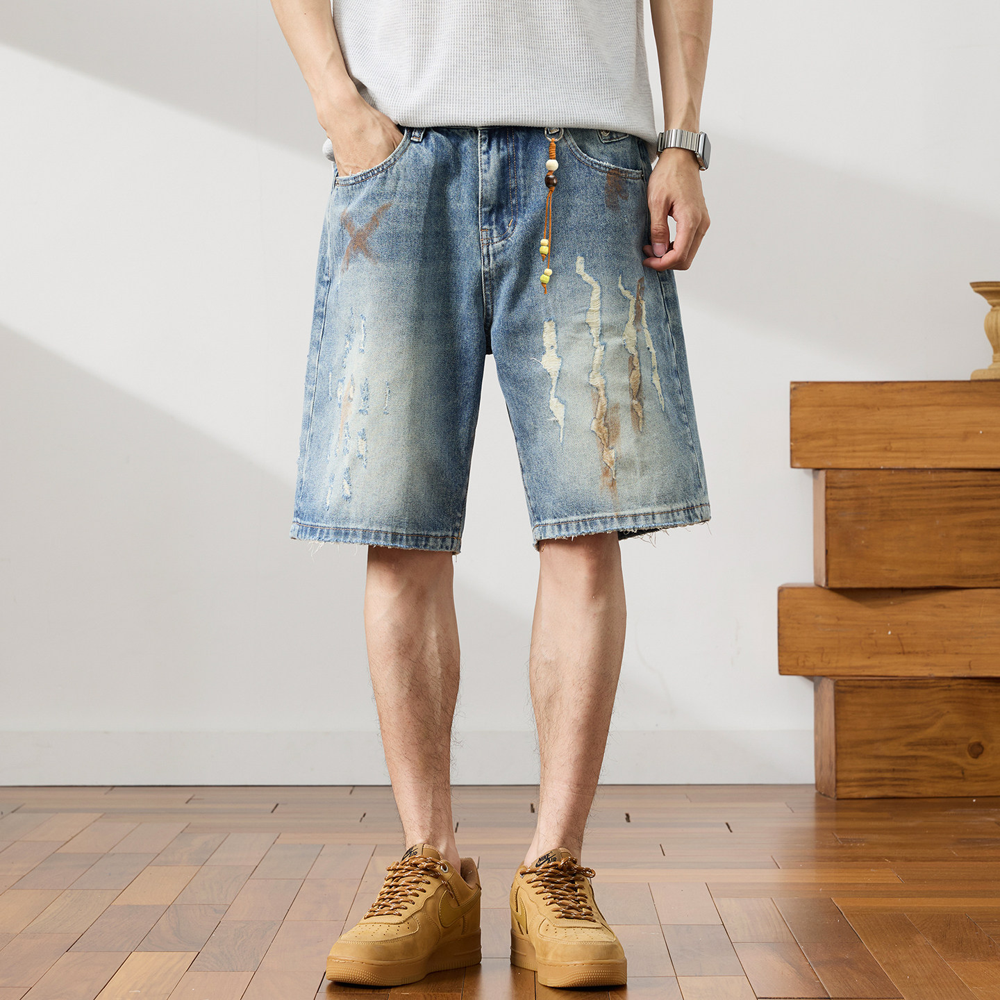 高端复古泼墨牛仔短裤男夏季薄款五分裤潮牌破洞痞帅风中裤马裤子