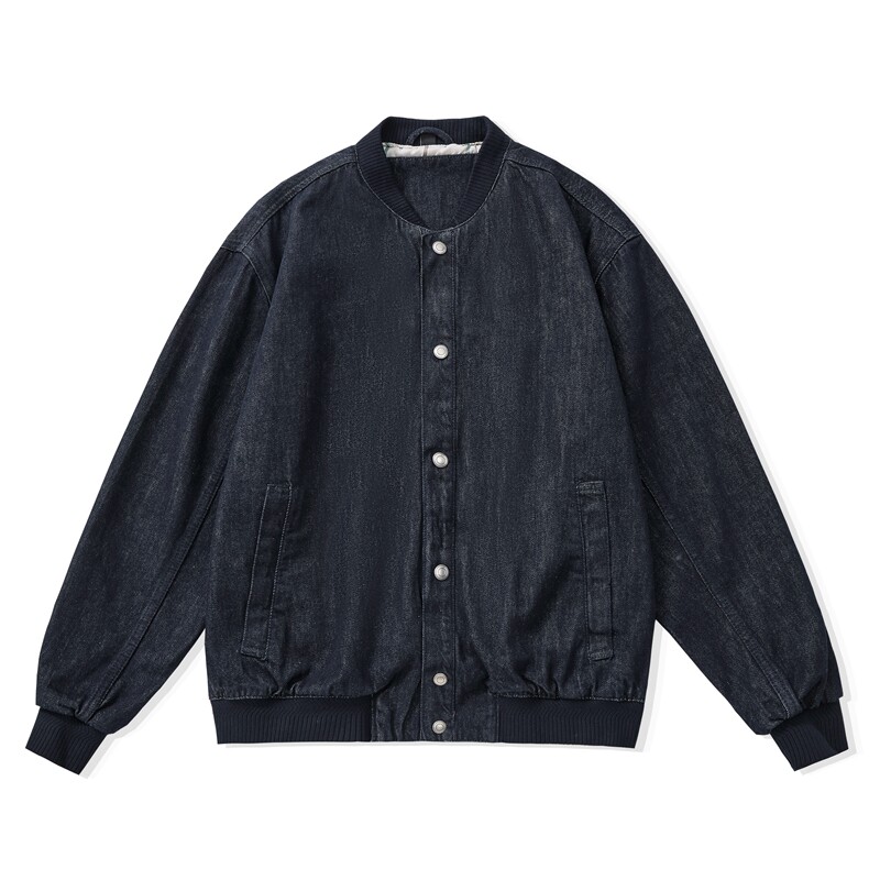 高品质原色立领牛仔外套男款春秋季美式高街罗纹拼接飞行夹克上衣