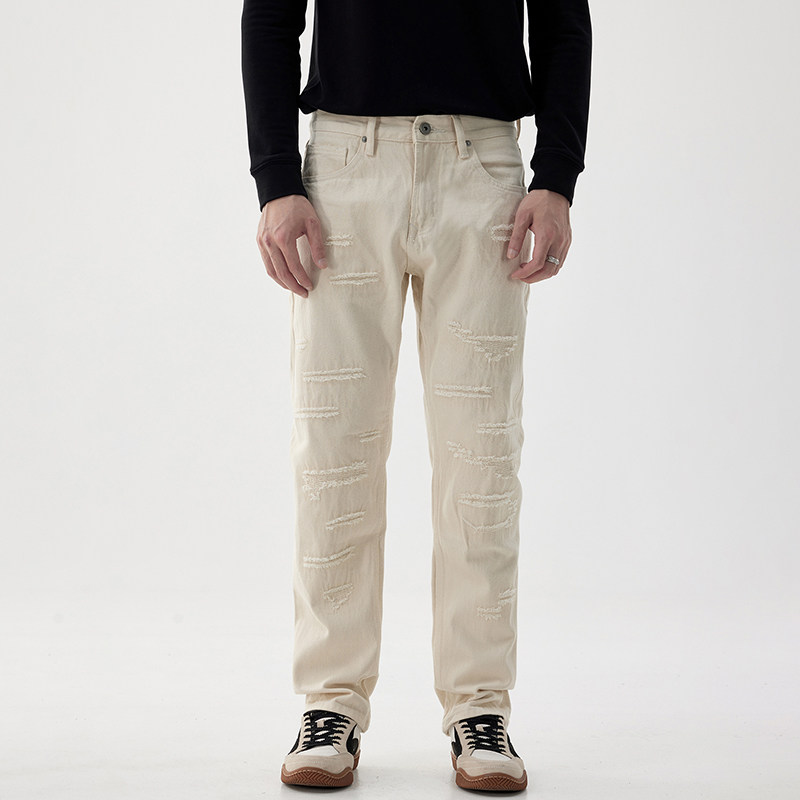 春秋季高端破洞补丁牛仔裤男直筒显瘦美式街头百搭休闲长裤子潮流