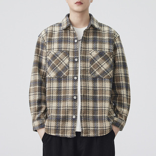 高端美式复古重磅织格子休闲衬衫男款春秋季潮牌宽松翻领衬衣外套