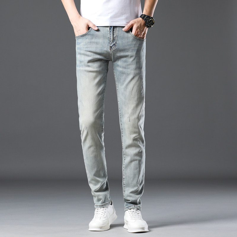 春秋新款高端复古浅蓝牛仔裤男款修身小脚休闲水洗弹力百搭长裤子