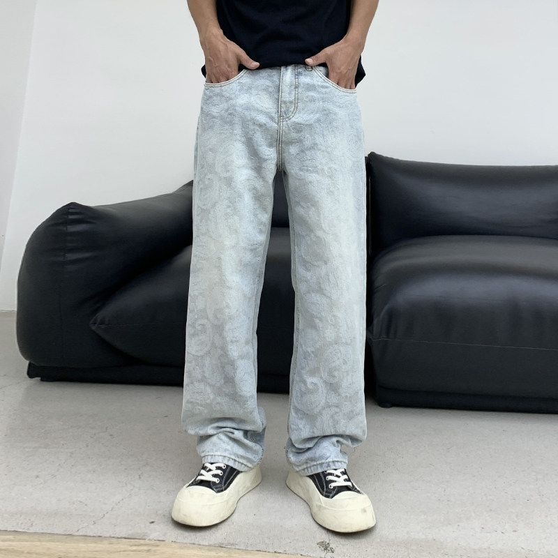 美式高街潮牌浅蓝色提花牛仔裤男
