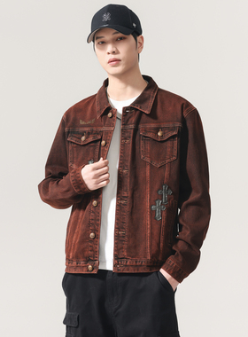 美式复古红色牛仔外套男贴皮十字架宽松翻领字母烫钻夹克潮流机车