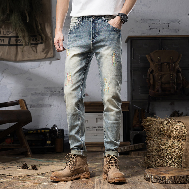 春秋新款欧洲站潮牌牛仔裤男破洞个性补丁弹力修身小直筒长裤复古
