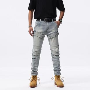 美式多口袋拼接男士牛仔裤休闲百搭修身小脚裤风痞帅弹力长裤子男