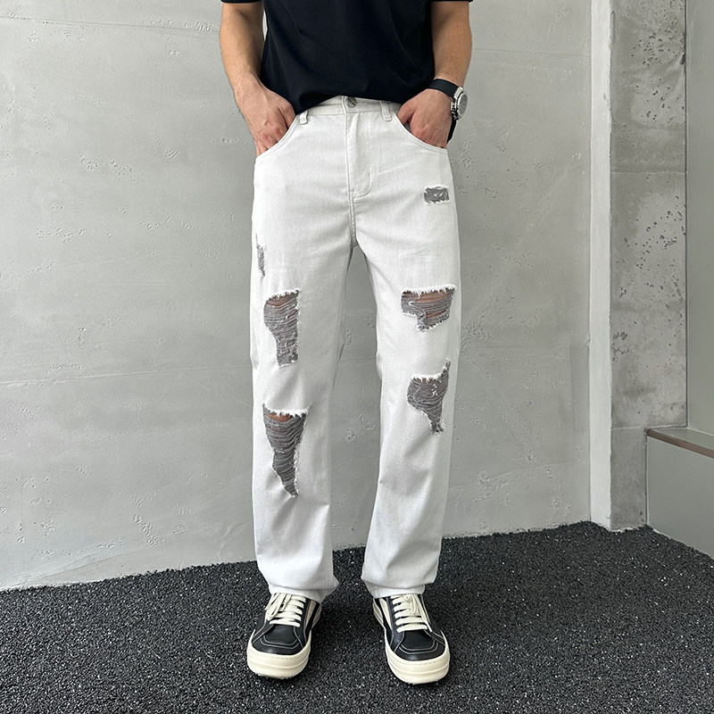 高街破洞浅灰宽松直筒牛仔裤男