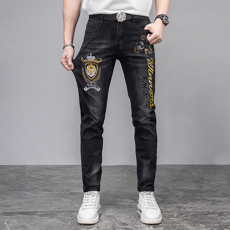 黑色个性烫钻刺绣花牛仔裤男秋季个性复古弹力修身直筒长裤男潮流