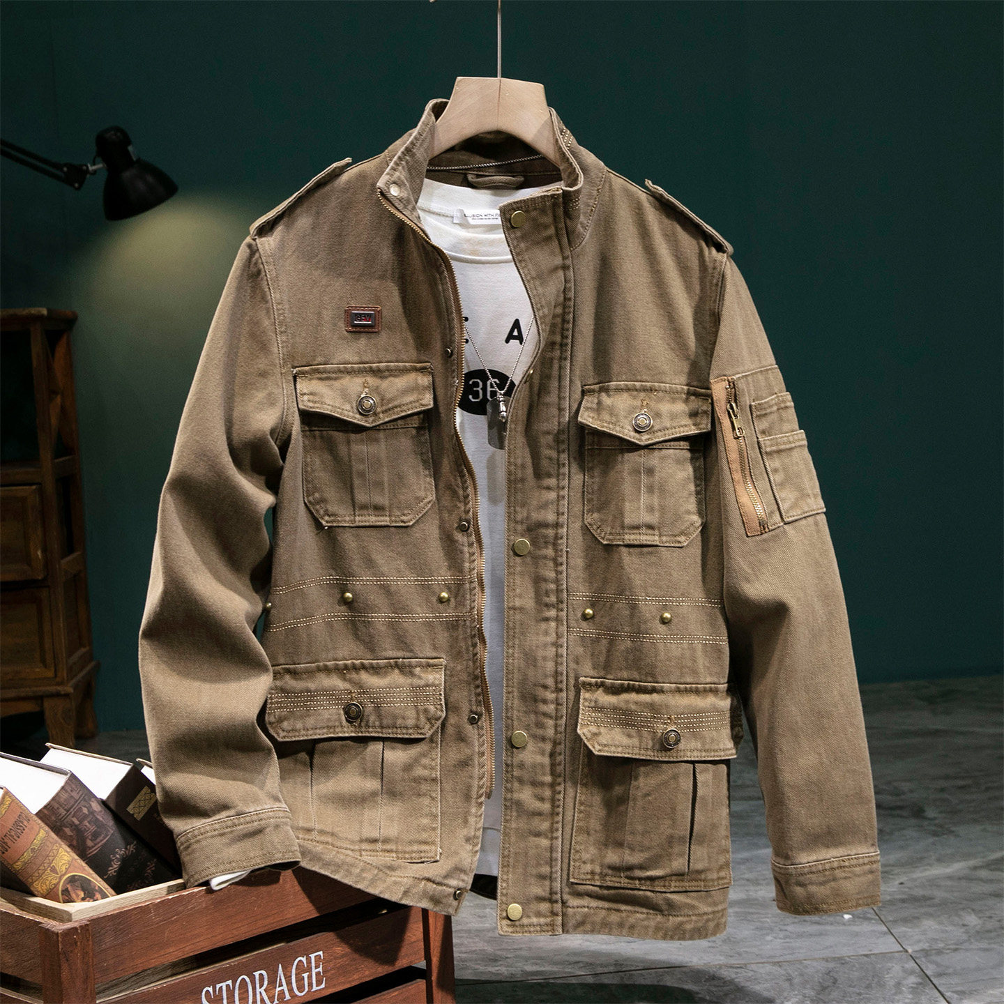 美式工装休闲外套男春秋多口袋重磅纯棉复古立领猎装长袖夹克潮牌,男装,夹克,淘宝优惠券,粉丝福利购,淘宝优惠卷