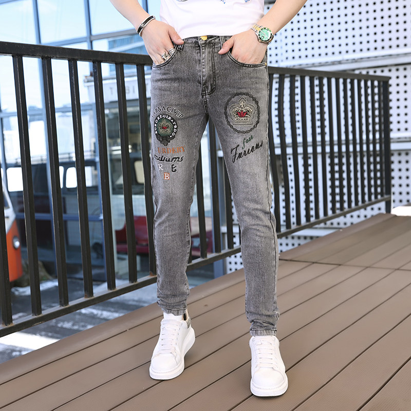 重工刺绣修身小脚弹力男牛仔裤
