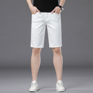 高端轻奢莱赛尔白色牛仔短裤男款夏季薄款修身直筒天丝五分中裤子