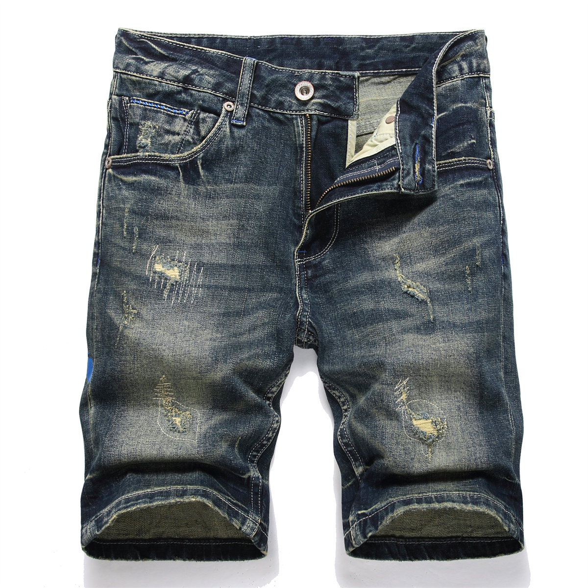 高档复古做旧印花五分牛仔短裤男士刮烂夏季新款破洞弹力修身马裤