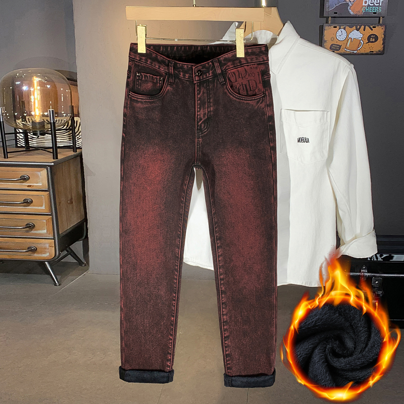 加绒加厚后袋印花牛仔裤