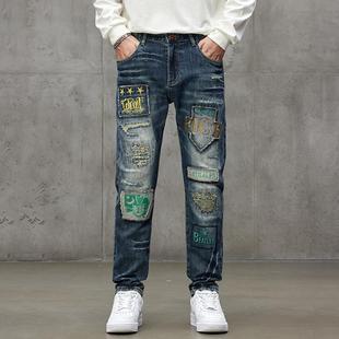 痞帅破洞牛仔裤男潮牌美式乞丐刺绣贴布补丁宽松直筒裤子男秋冬季