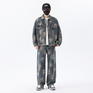 秋冬新款提花牛仔夹克套装男美式潮牌帅气复古高级感宽松休闲长裤