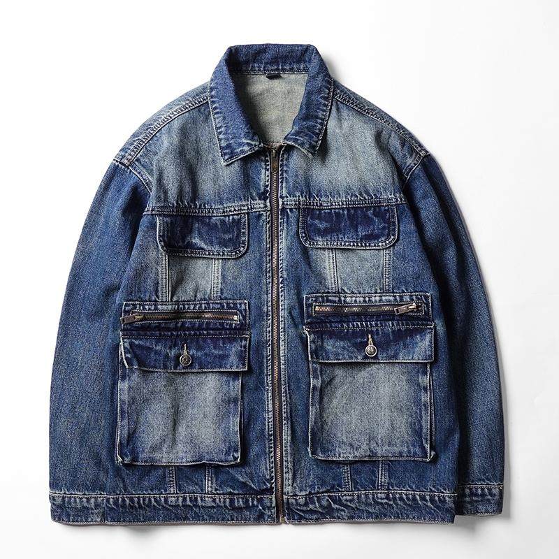 牛仔外套男潮牌休闲外套重磅弹力做旧水洗多口袋美式复古工装夹克