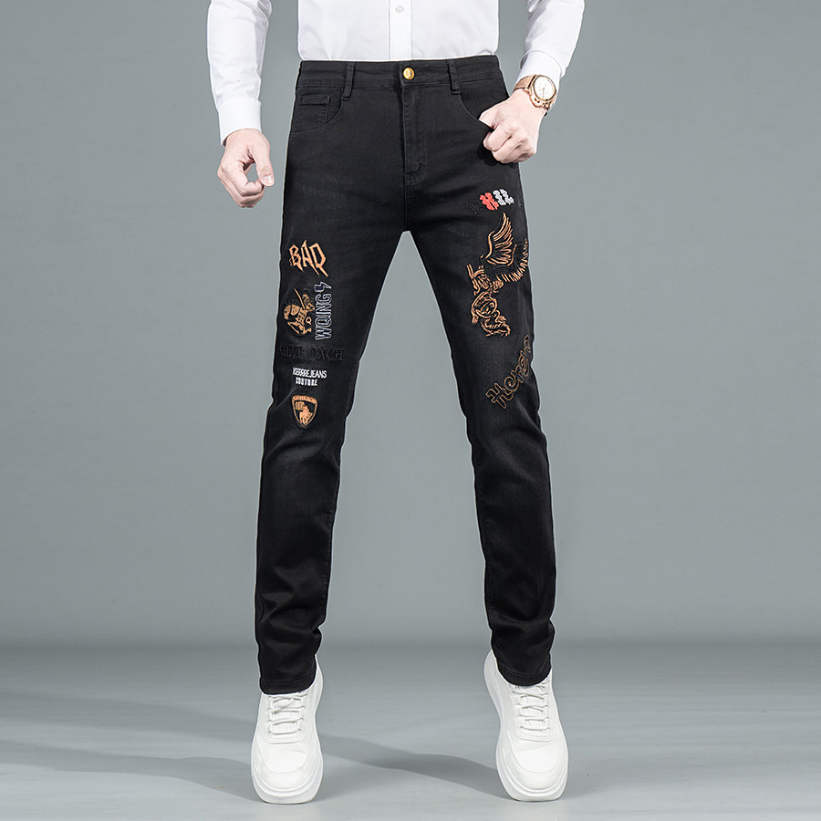 高端刺绣花牛仔裤男潮牌韩版修身小脚休闲百搭弹力黑色长裤子春季