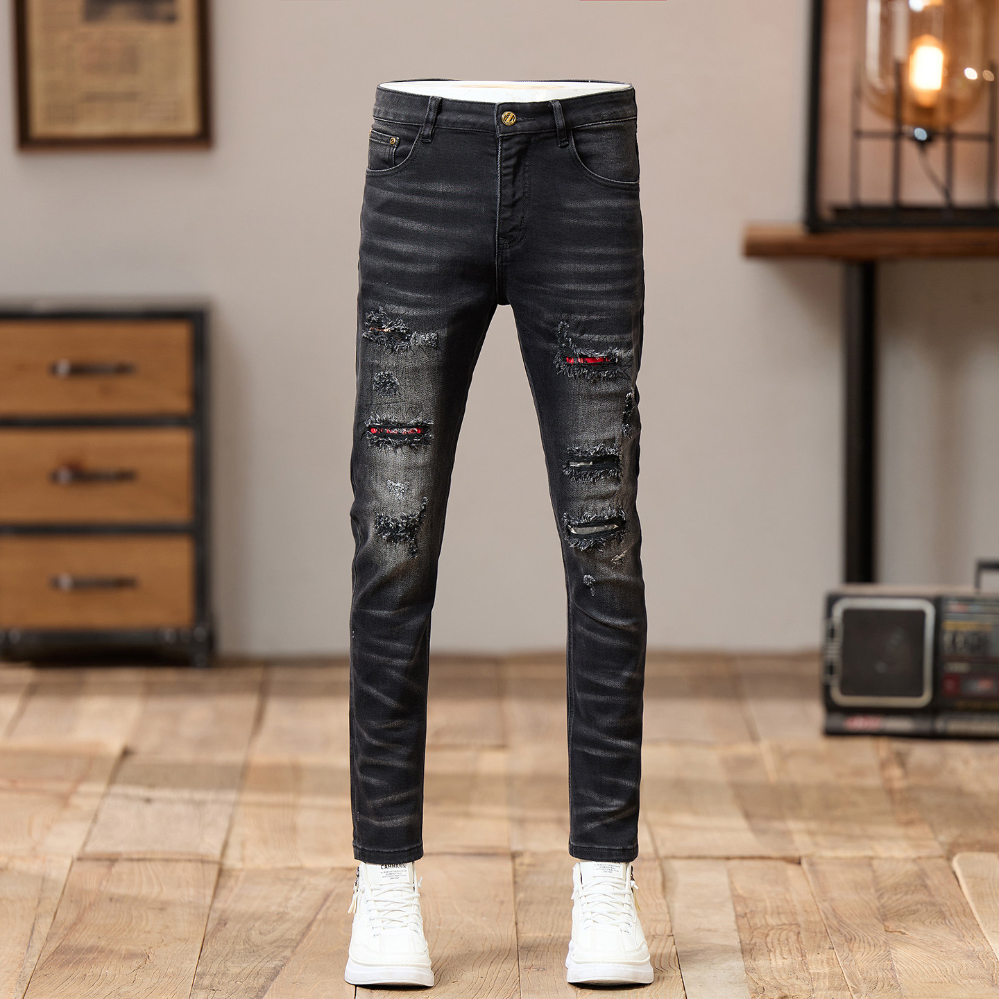 高端破洞补丁黑色牛仔裤男修身小脚潮牌美式高街乞丐休闲裤子潮流