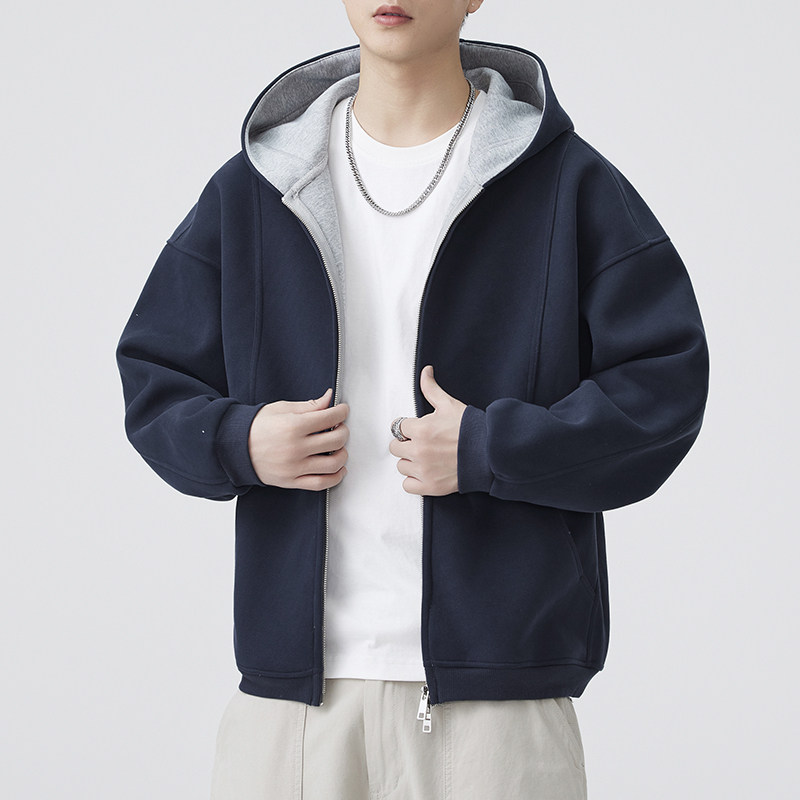 高端美式复古撞色卫衣男女款春秋季潮牌宽松休闲情侣连帽夹克外套