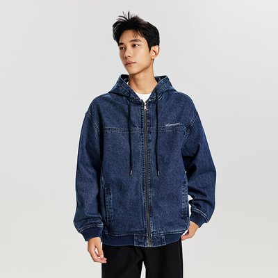 春秋季连帽宽松拉链牛仔外套