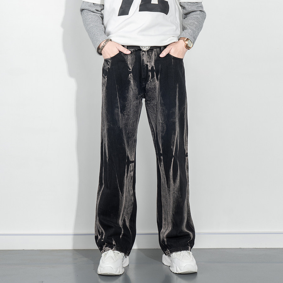 高端复古松紧腰扎染牛仔裤男款春秋季宽松直筒时尚简约休闲长裤子