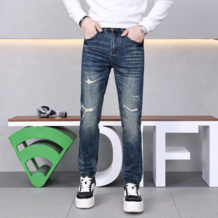 高端潮牌复古做旧破洞牛仔裤男款春秋季美式高街修身小直筒长裤子