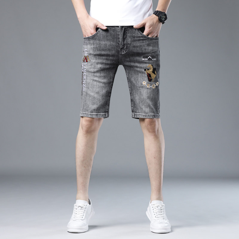 灰色牛仔短裤男夏季薄款五分裤男士字母刺绣跃马休闲直筒中裤流行