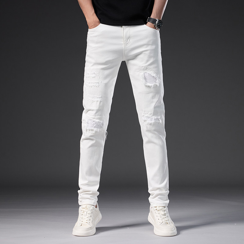 高端白色破洞褶皱补丁牛仔裤男欧货春夏季潮牌修身小脚休闲长裤子